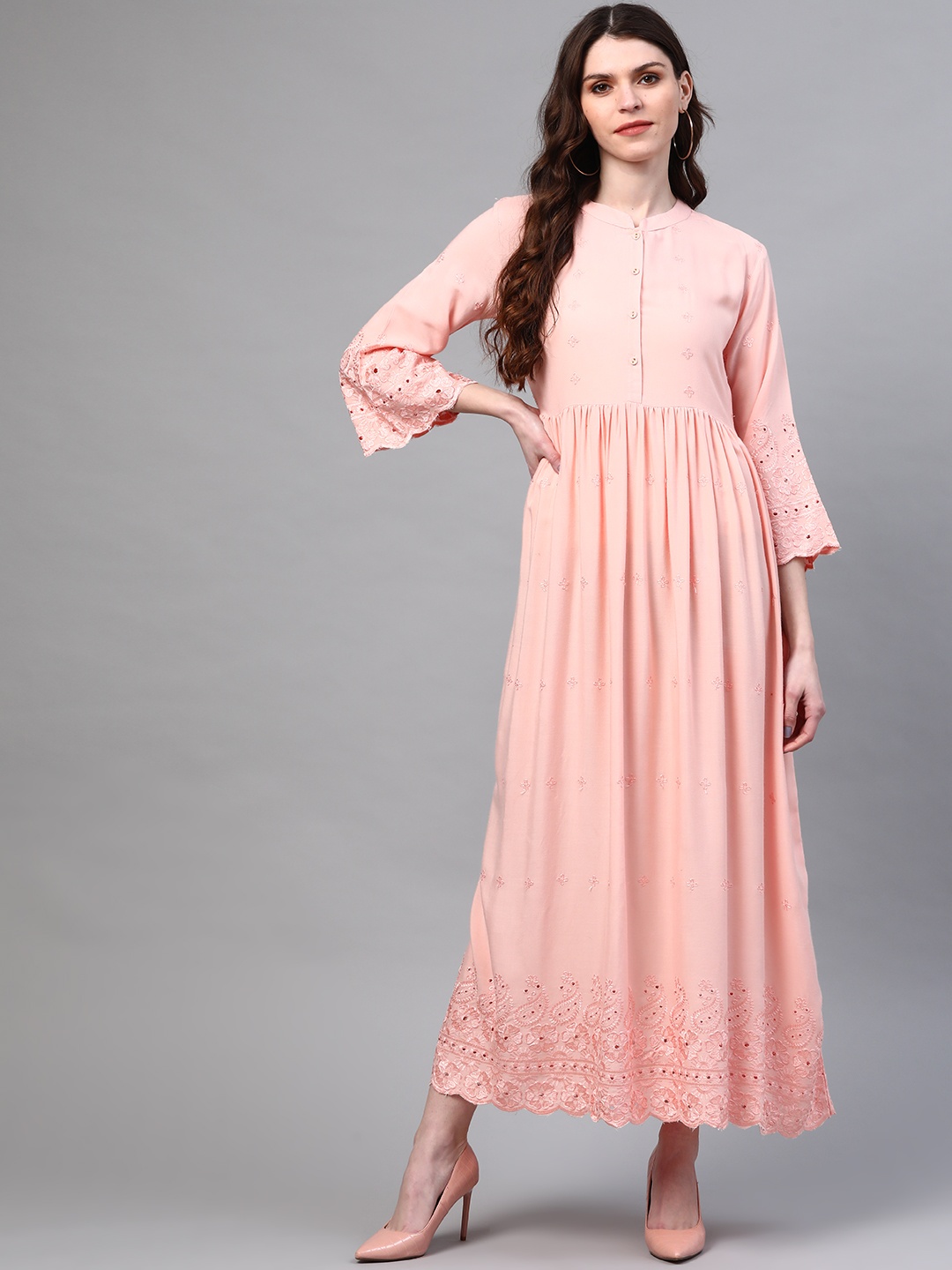 

Laado - Pamper Yourself Women Peach-Coloured Pure Cotton Embroidered Maxi Dress