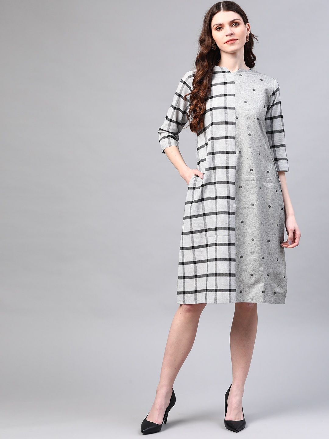 

Laado - Pamper Yourself Women Grey Pure Cotton Handloom Checked A-Line Dress
