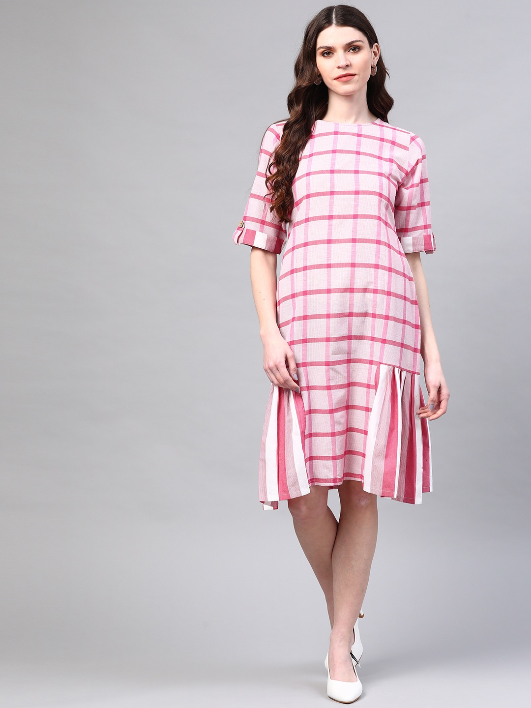 

Laado - Pamper Yourself Women Off-White & Pink Handloom Checked A-Line Dress