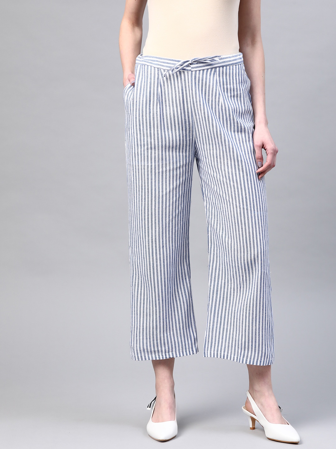 

Laado - Pamper Yourself Women Blue & White Handloom Cotton Striped Wide Leg Sustainable Palazzos