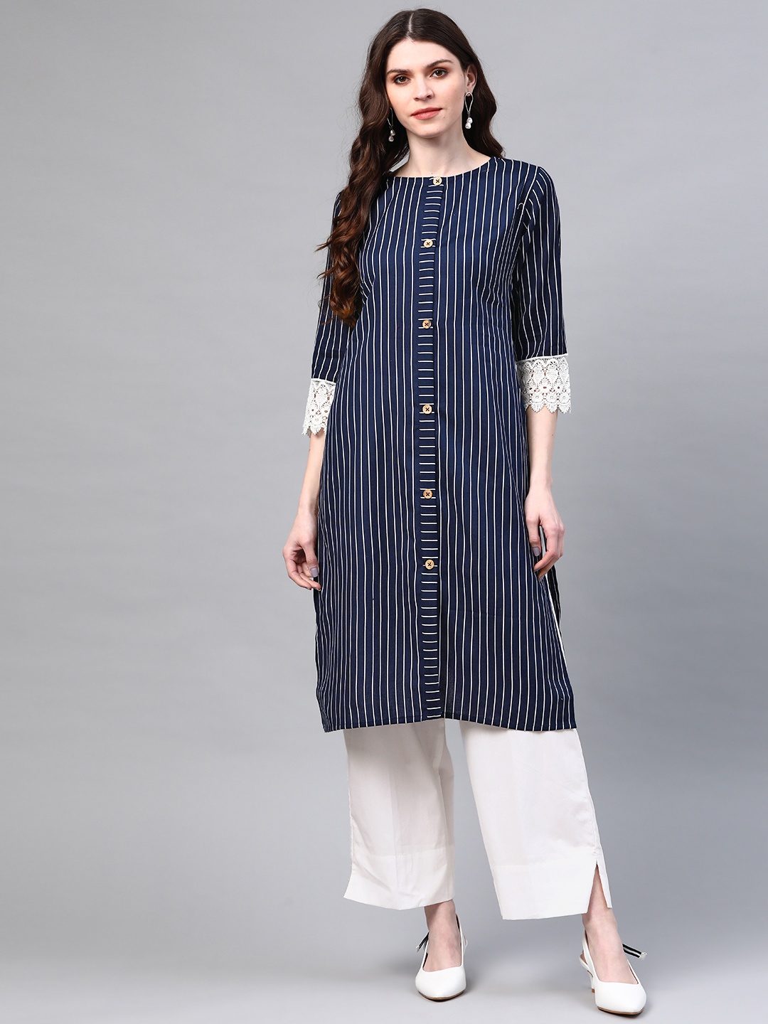 

Laado - Pamper Yourself Women Navy Blue & White Striped Sustainable Kurta with Palazzos