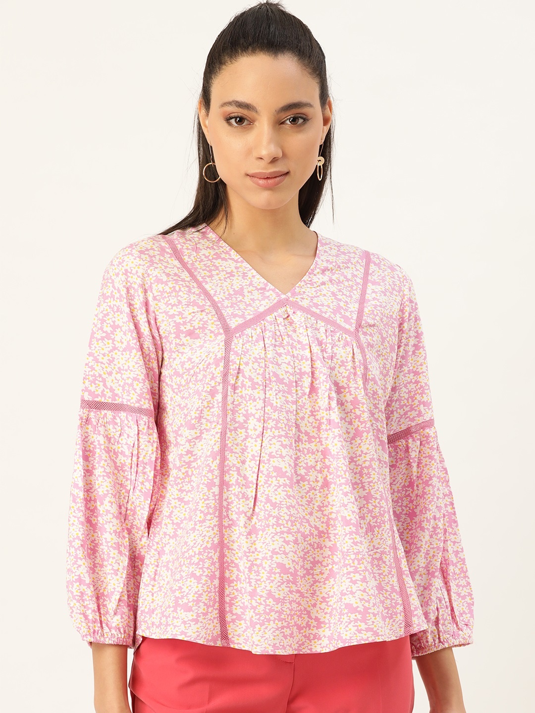 

Antheaa Women Pink & White Floral Printed A-Line Top