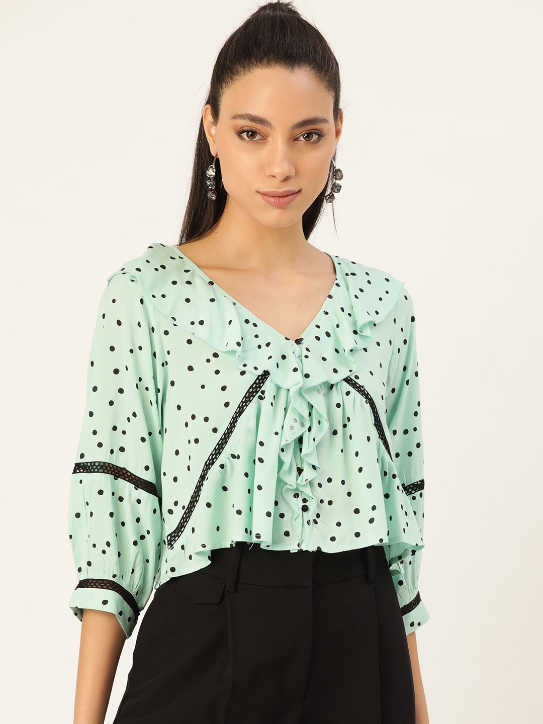 

Antheaa Women Green & Black Polka Dot Print Top