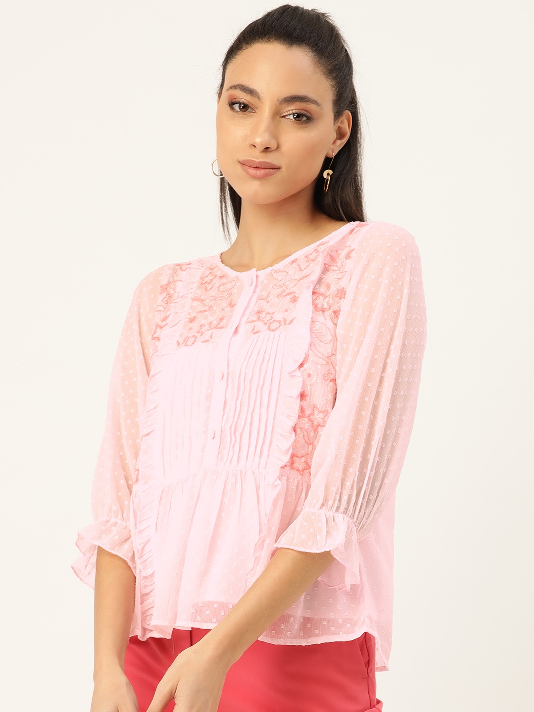 

Antheaa Women Pink Self Design Ruffle A-Line Top