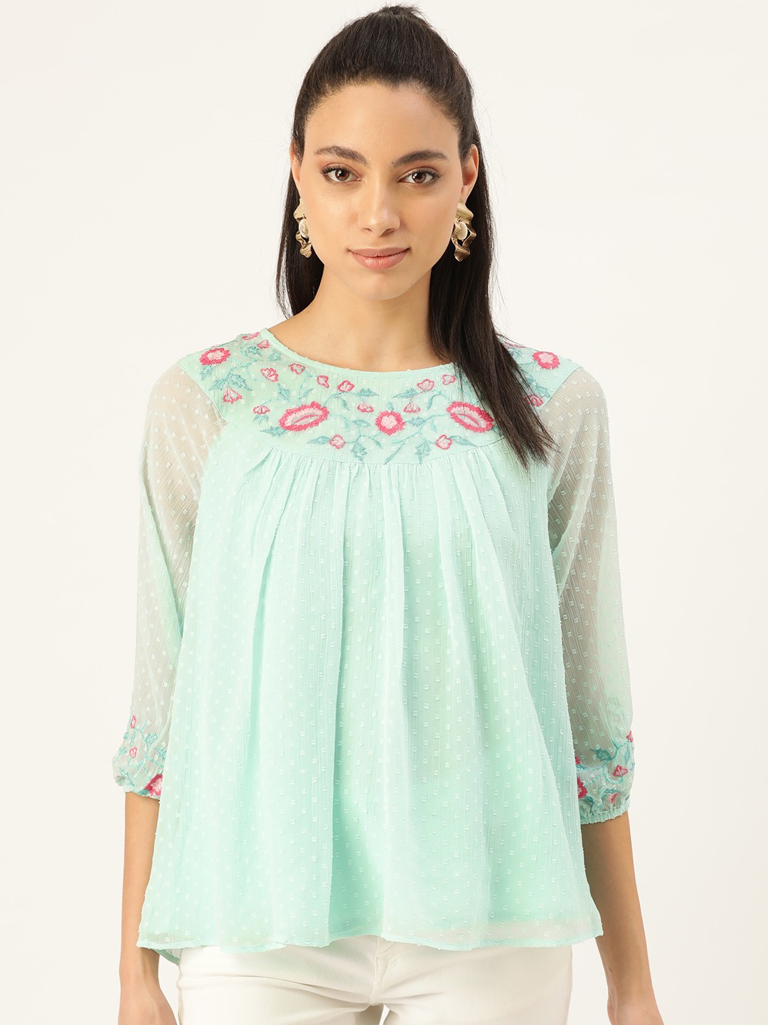

Antheaa Women Sea Green Self Design A-Line Top