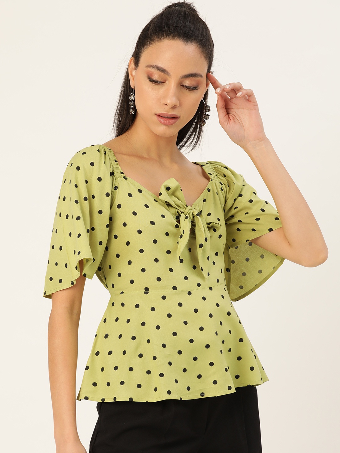 

Antheaa Women Green & Black Polka Dot Printed A-Line Top