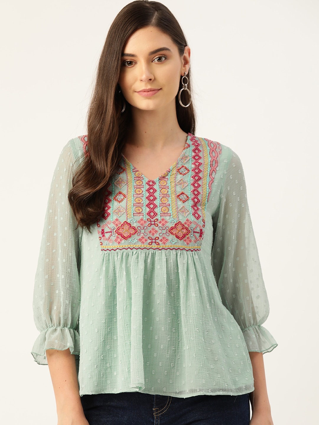 

Antheaa Sea Green & Pink Yoke Embroidered Dobby Weave A-Line Top