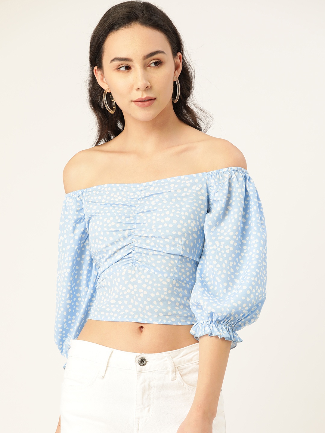 

Antheaa Women Blue & White Printed Smocked Off-Shoulder Bardot Top