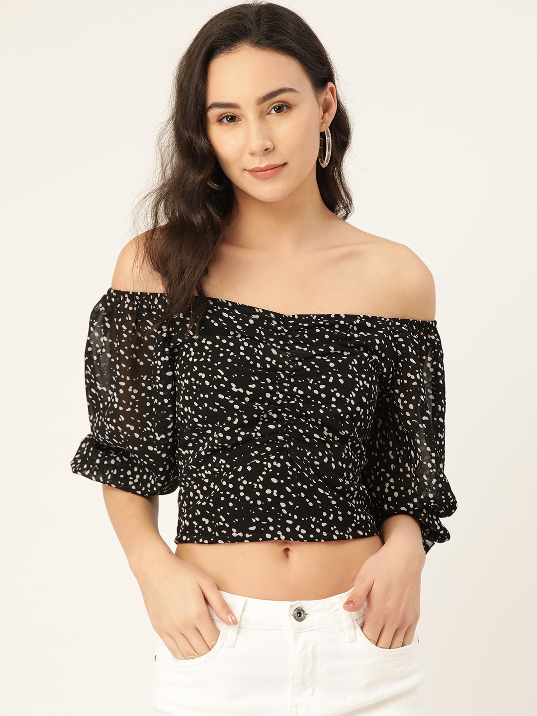 

Antheaa Women Black & White Printed Smocked Off-Shoulder Bardot Top