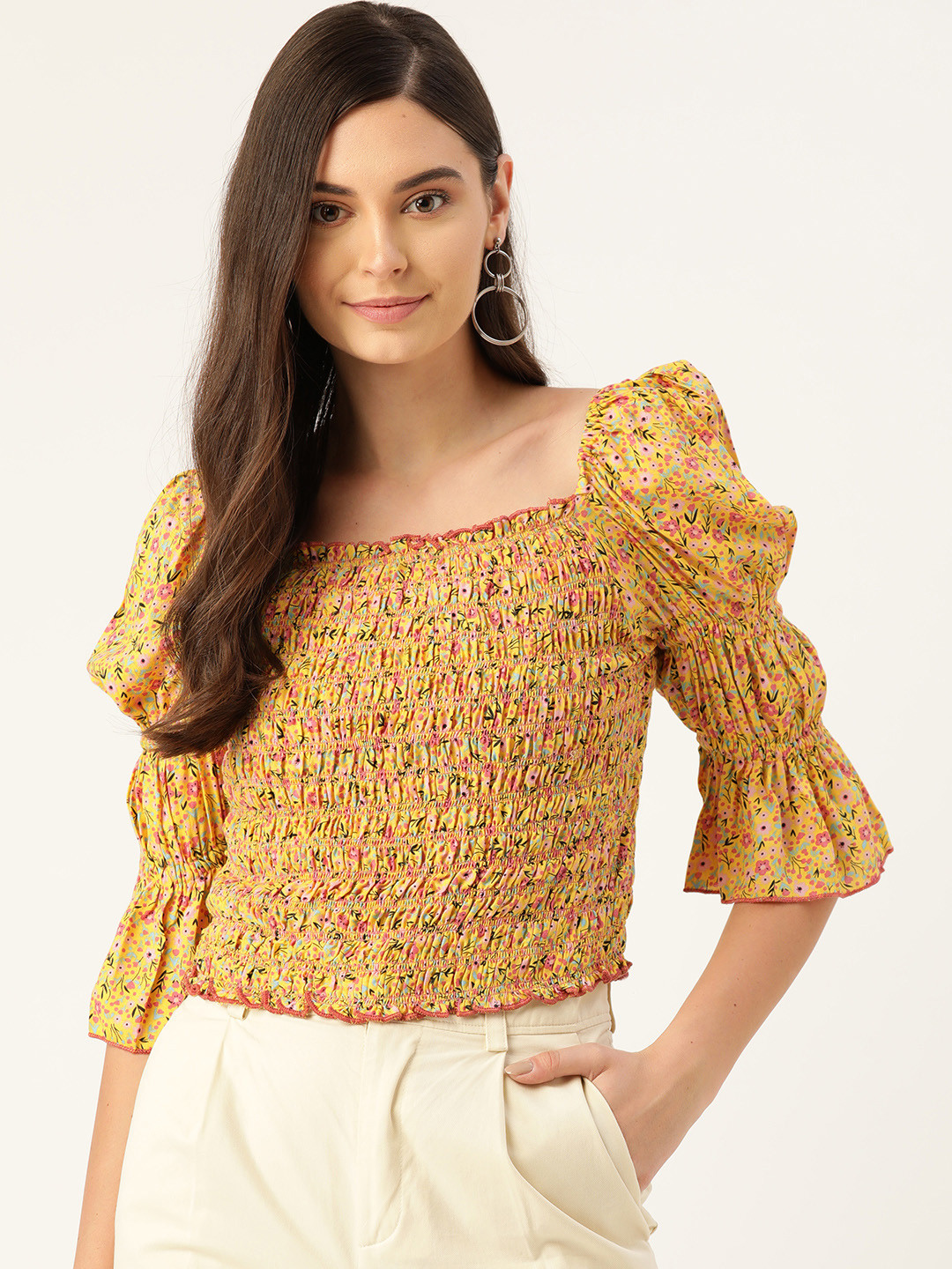 

Antheaa Women Yellow & Pink Floral Printed Pure Cotton Smocked Crop Top