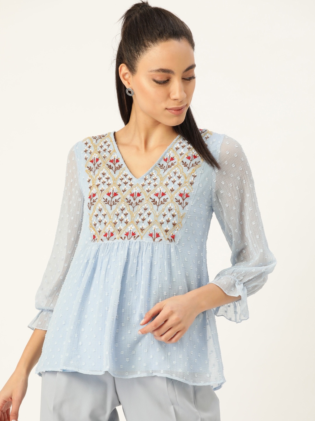 

Antheaa Blue Yoke Embroidered Dobby Weave A-Line Top