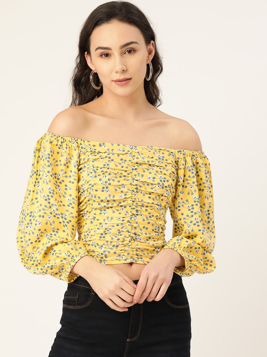 

Antheaa Women Yellow & Blue Floral Print Smocked Off-Shoulder Bardot Top