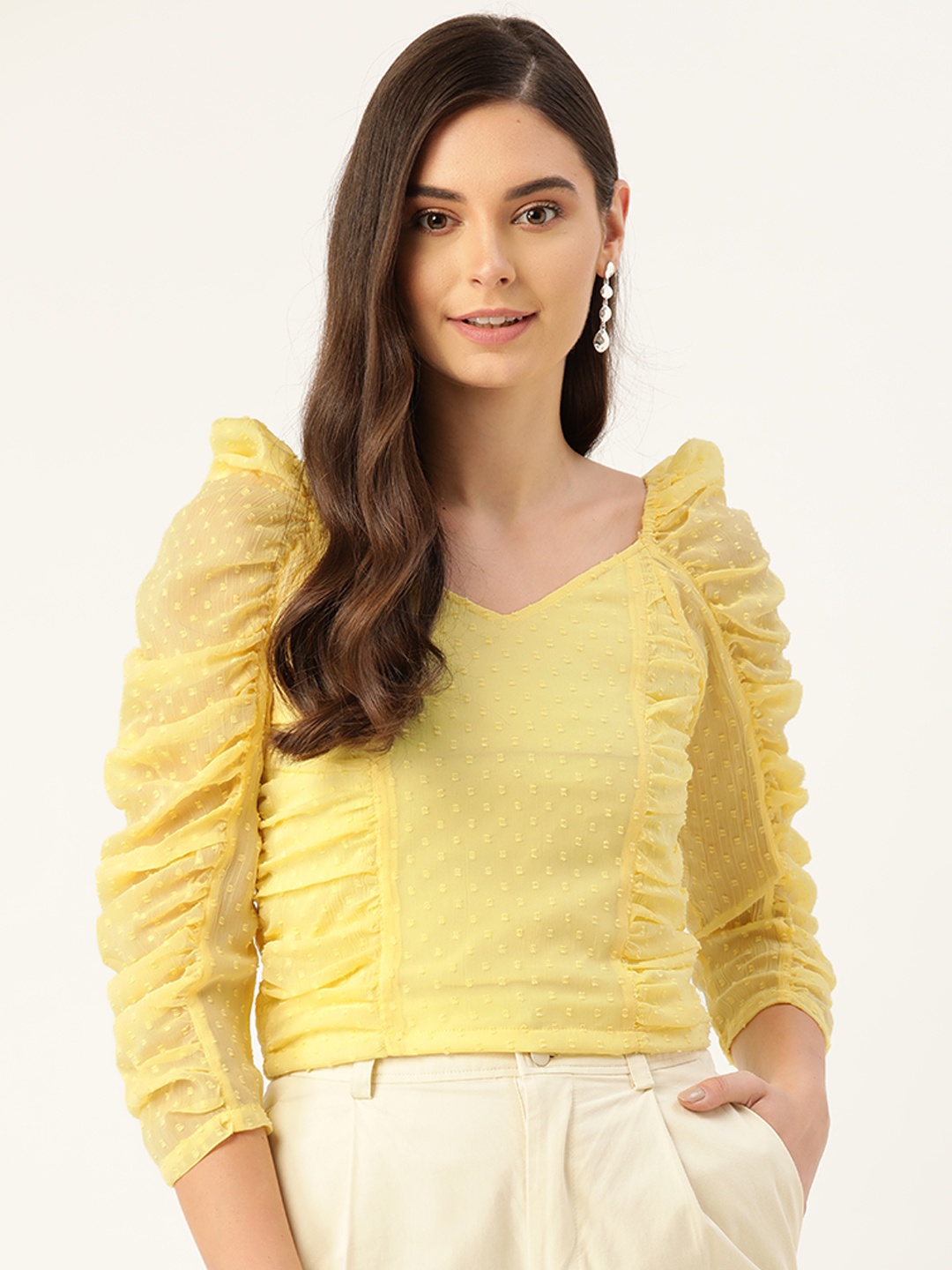 

Antheaa Women Yellow Self Design Crop Top