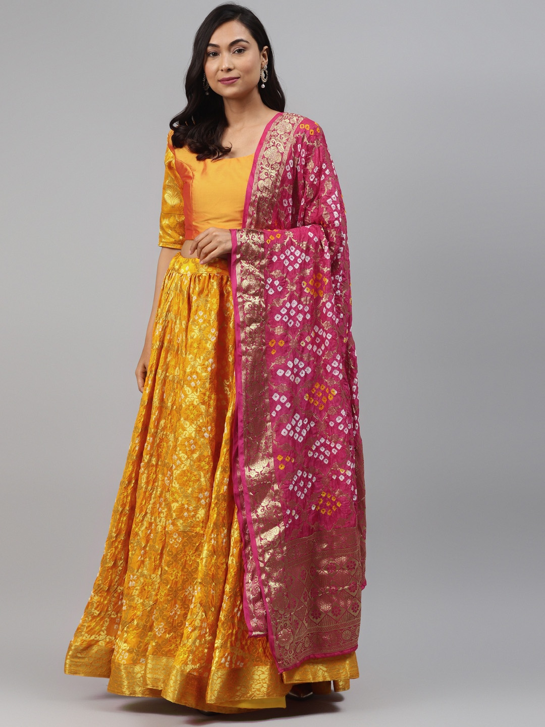 Rangpur Yellow & Pink Solid Ready to Wear Lehenga & Blouse with Dupatta