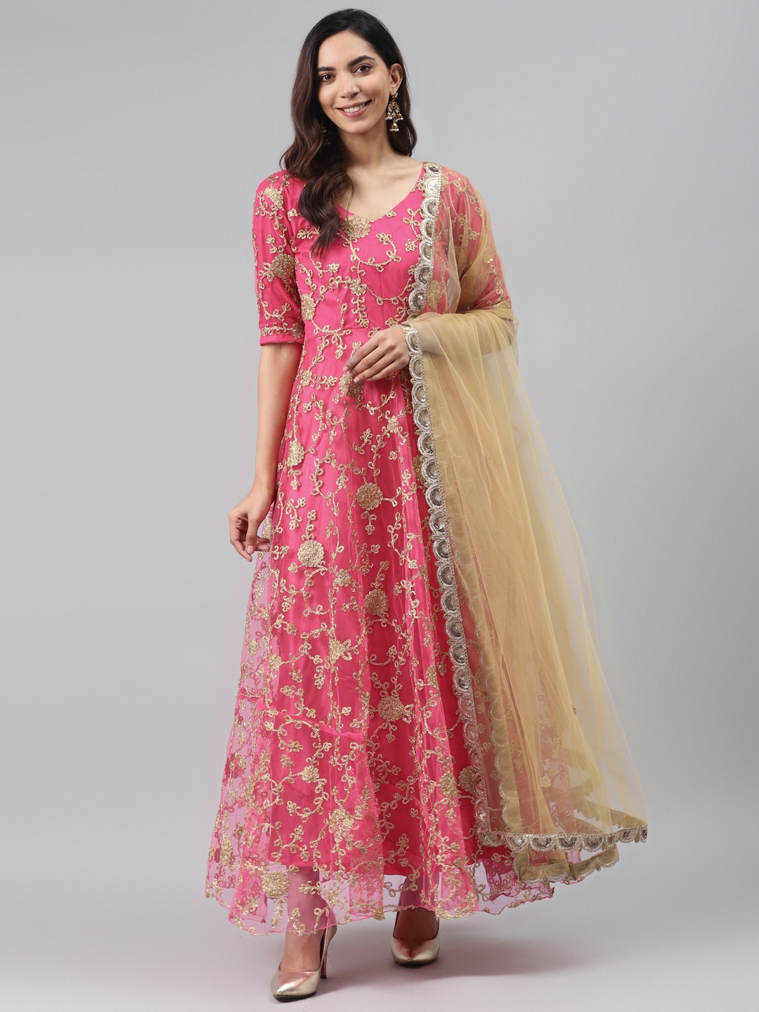 

Rangpur Pink Ethnic Motifs Embroidered Kurta With Dupatta