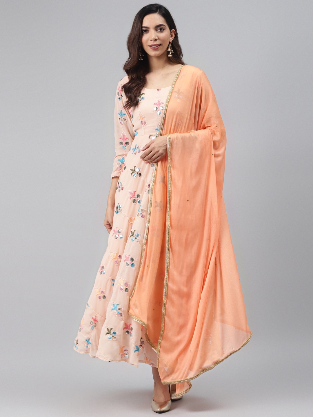 

Rangpur Peach-Coloured Ethnic Motifs Embroidered Thread Work Kurta With Dupatta