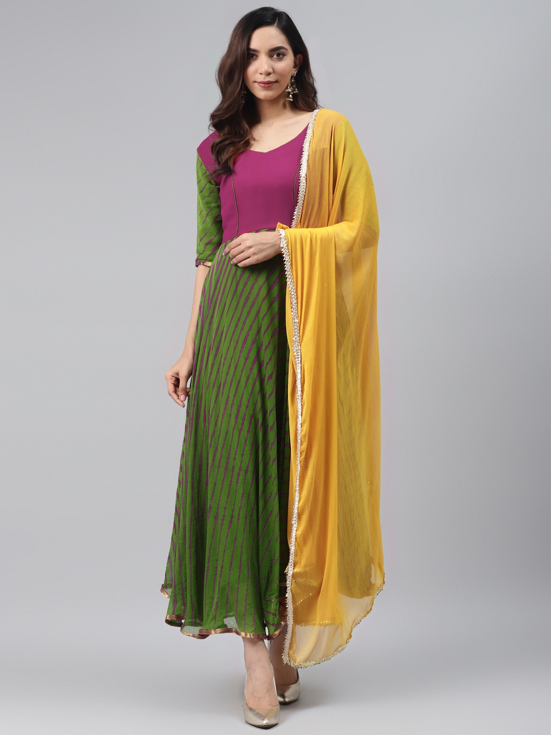 

Rangpur Women Green & Mustard Yellow Leheriya Print Maxi Anarkali Dress & Dupatta