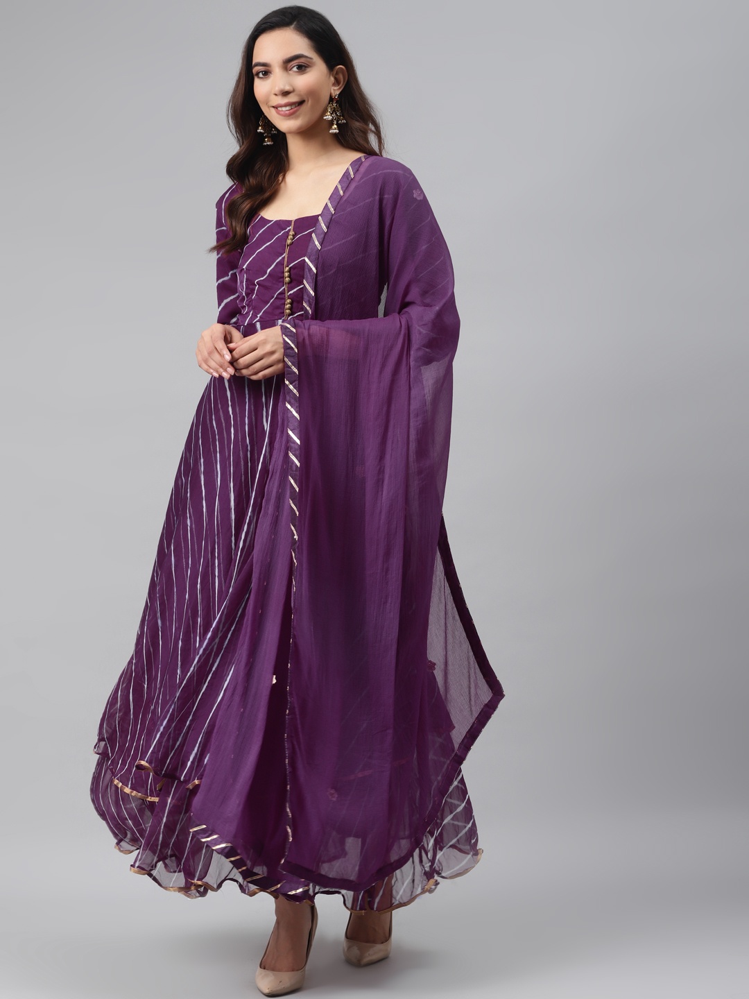 

Rangpur Women Aubergine Leheriya Print Maxi Anarkali Dress & Dupatta, Purple