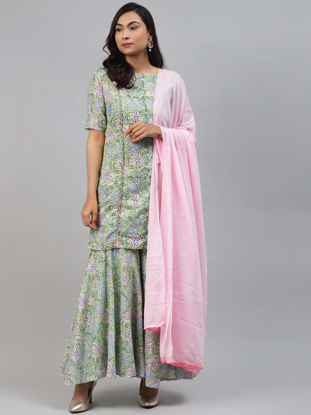 

Rangpur Women Green & Pink Printed Kurta with Sharara & Dupatta