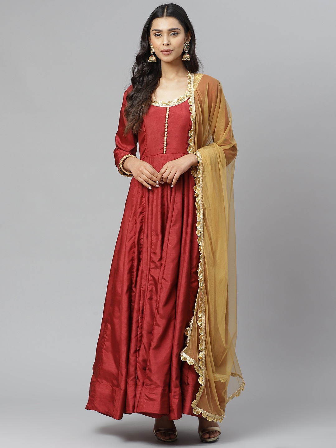 

Rangpur Women Maroon Solid Panelled Maxi Dress with Dupatta