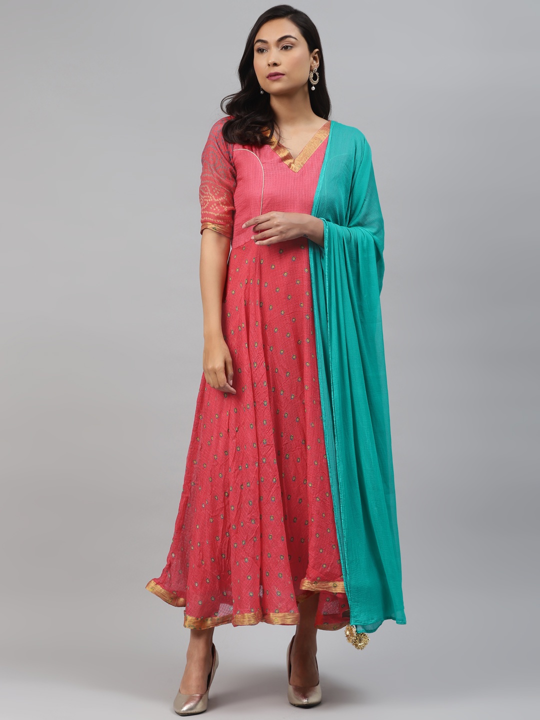 

Rangpur Women Pink & Blue Bandhani Printed Kurta With Dupatta