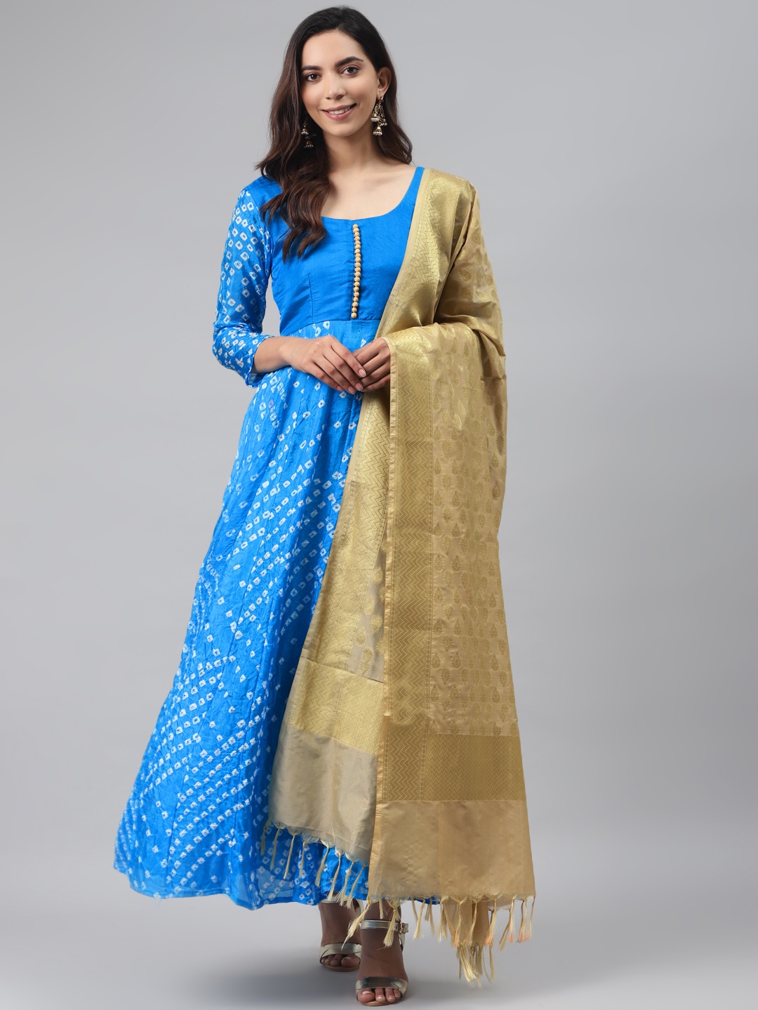 

Rangpur Women Blue & Beige Bandhani Print Maxi Anarkali Dress with Dupatta