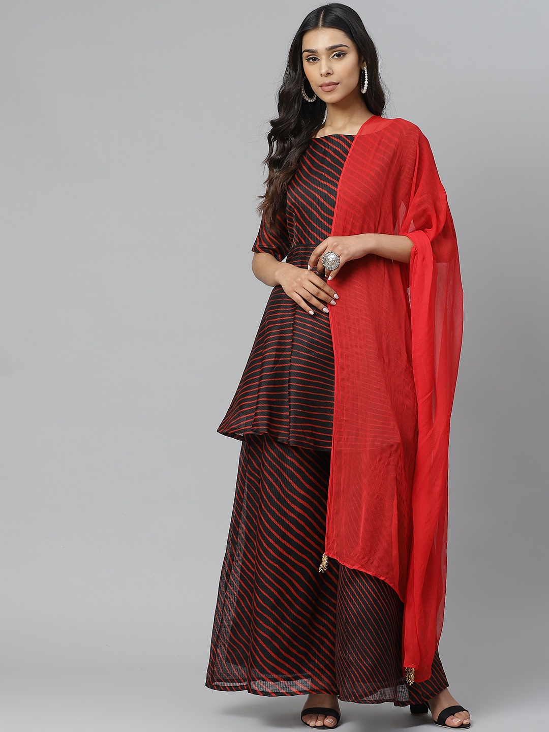 

Rangpur Women Black & Red Striped Kurta with Palazzos & Dupatta