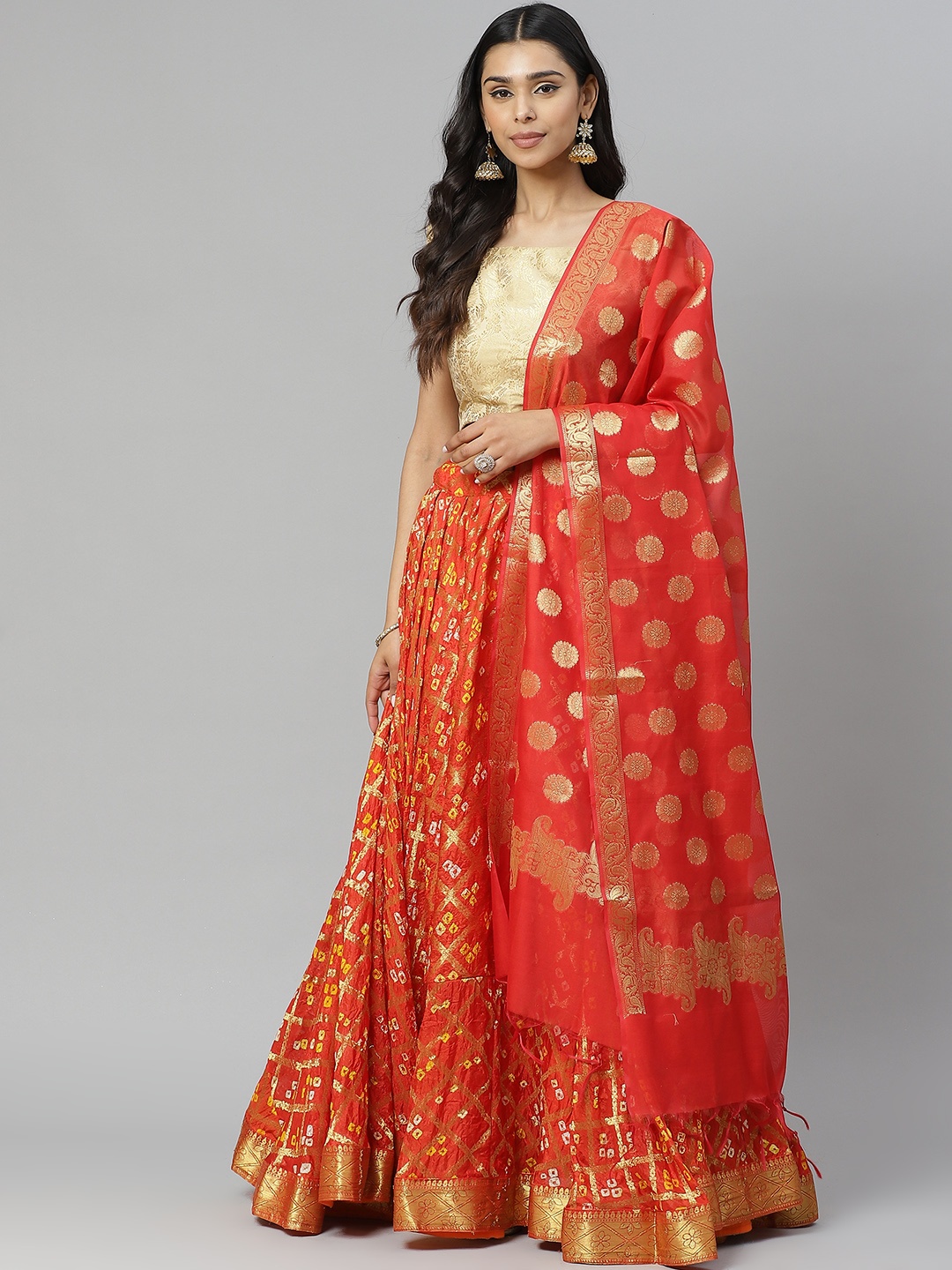 

Rangpur Orange & Golden Woven Design Ready to Wear Lehenga & Blouse with Dupatta