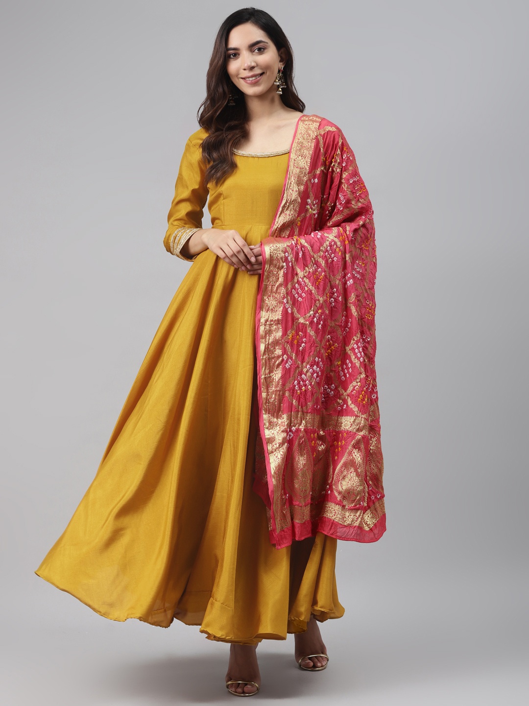 

Rangpur Women Mustard Yellow & Peach-Coloured Solid Anarkali Dress & Gharchola Dupatta