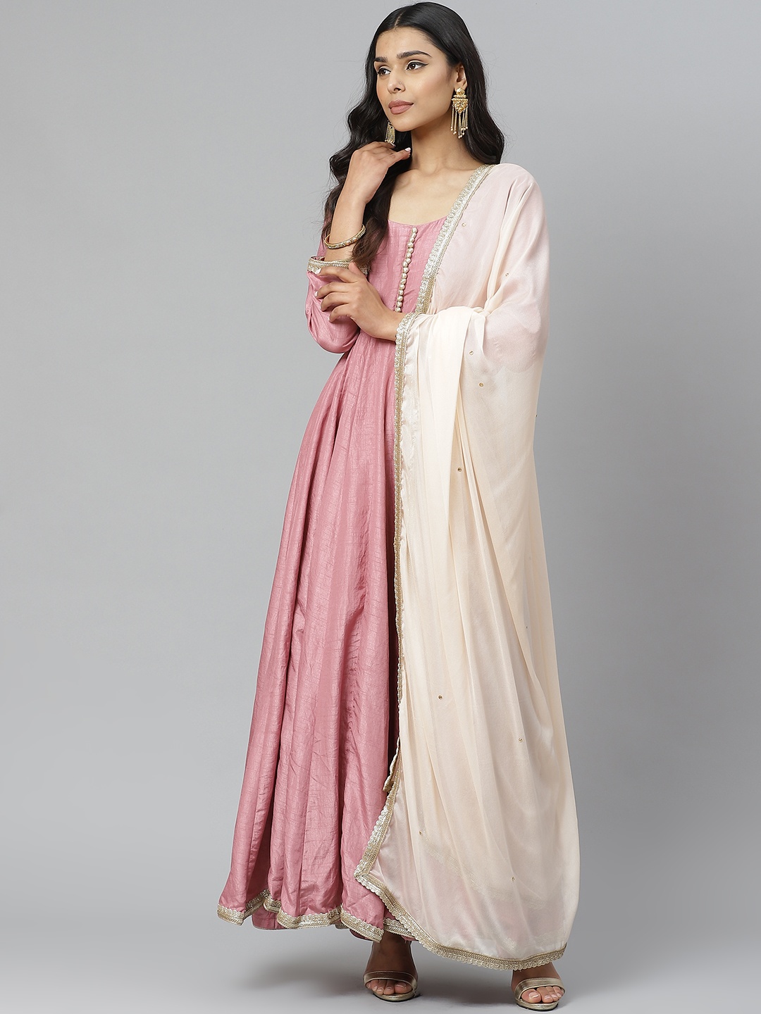 

Rangpur Women Mauve & Off-White Solid Pleated Maxi Dress with Embellished Dupatta