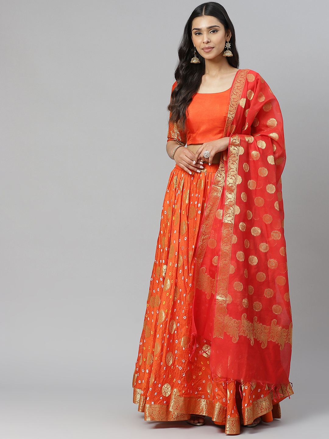 

Rangpur Orange & Golden Woven Design Ready to Wear Lehenga & Blouse with Dupatta