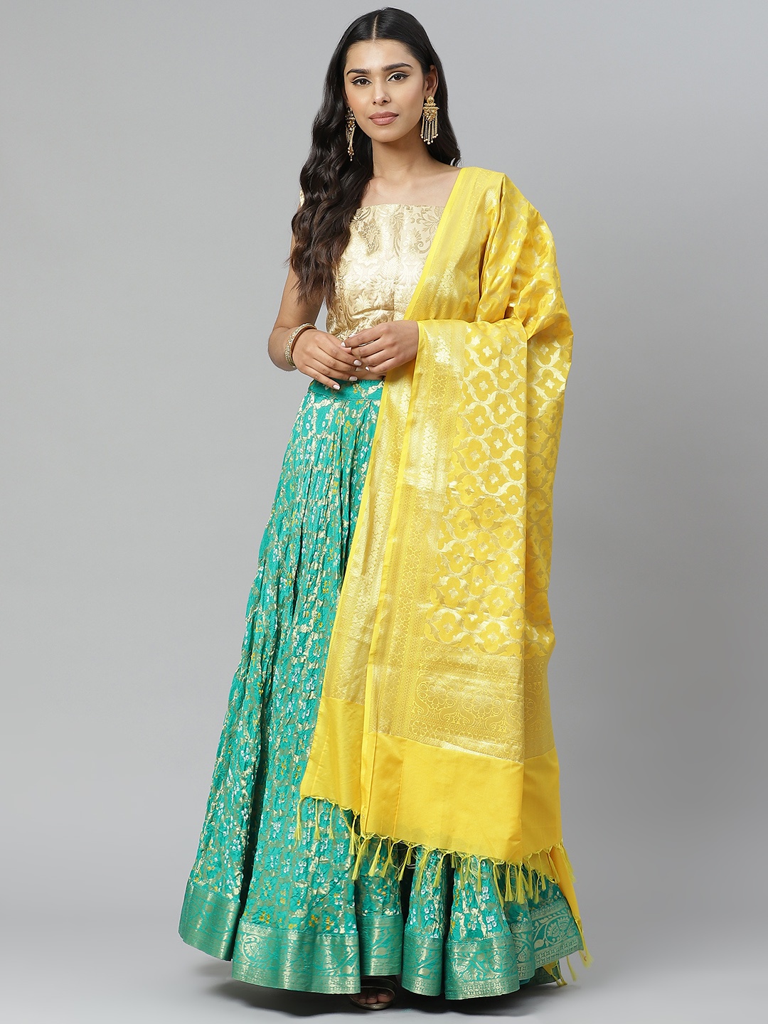 

Rangpur Green & Yellow Woven Design Ready to Wear Lehenga & Blouse with Dupatta