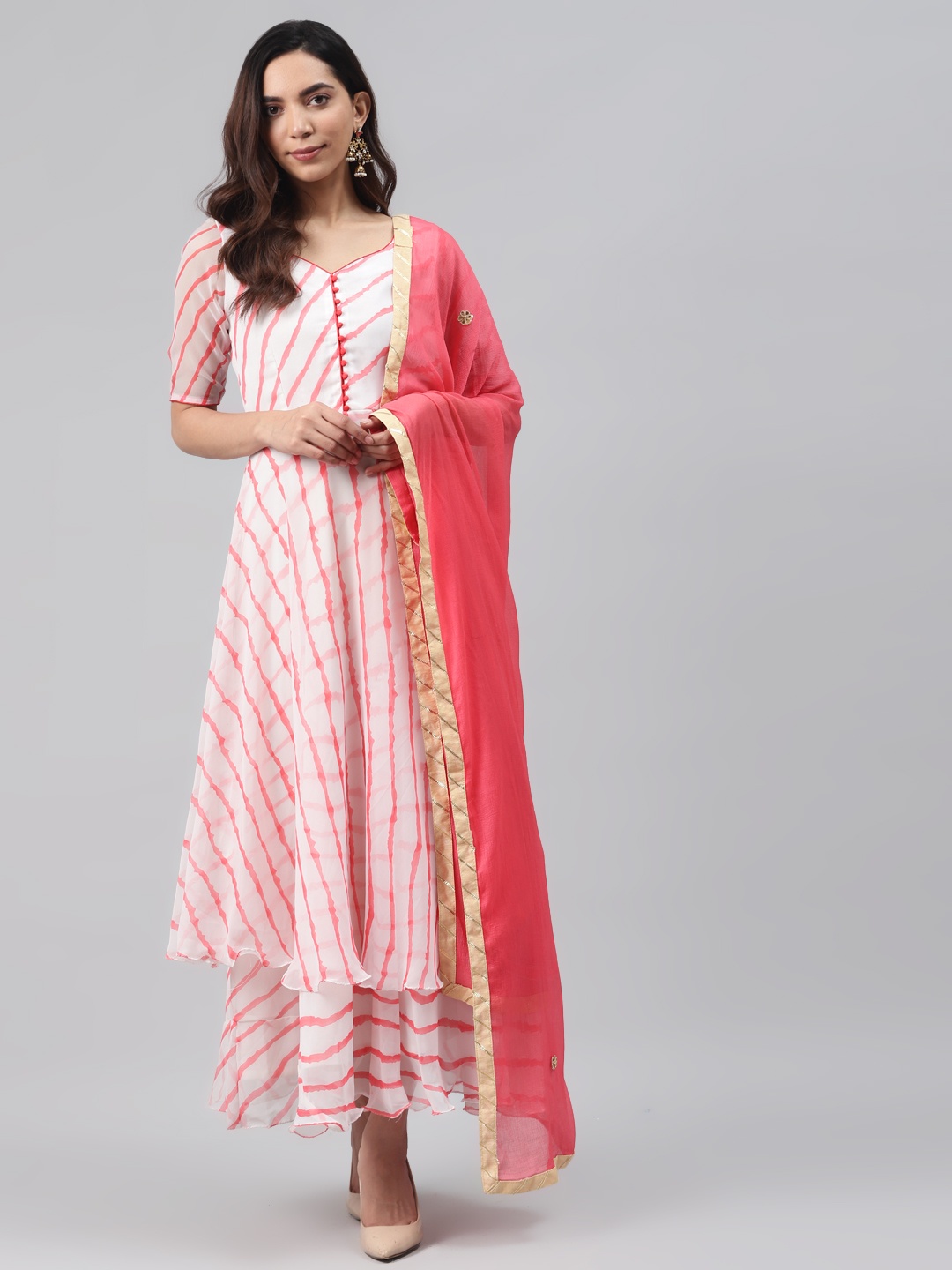 

Rangpur Women White & Coral Red Leheriya Print Maxi Anarkali Dress & Dupatta