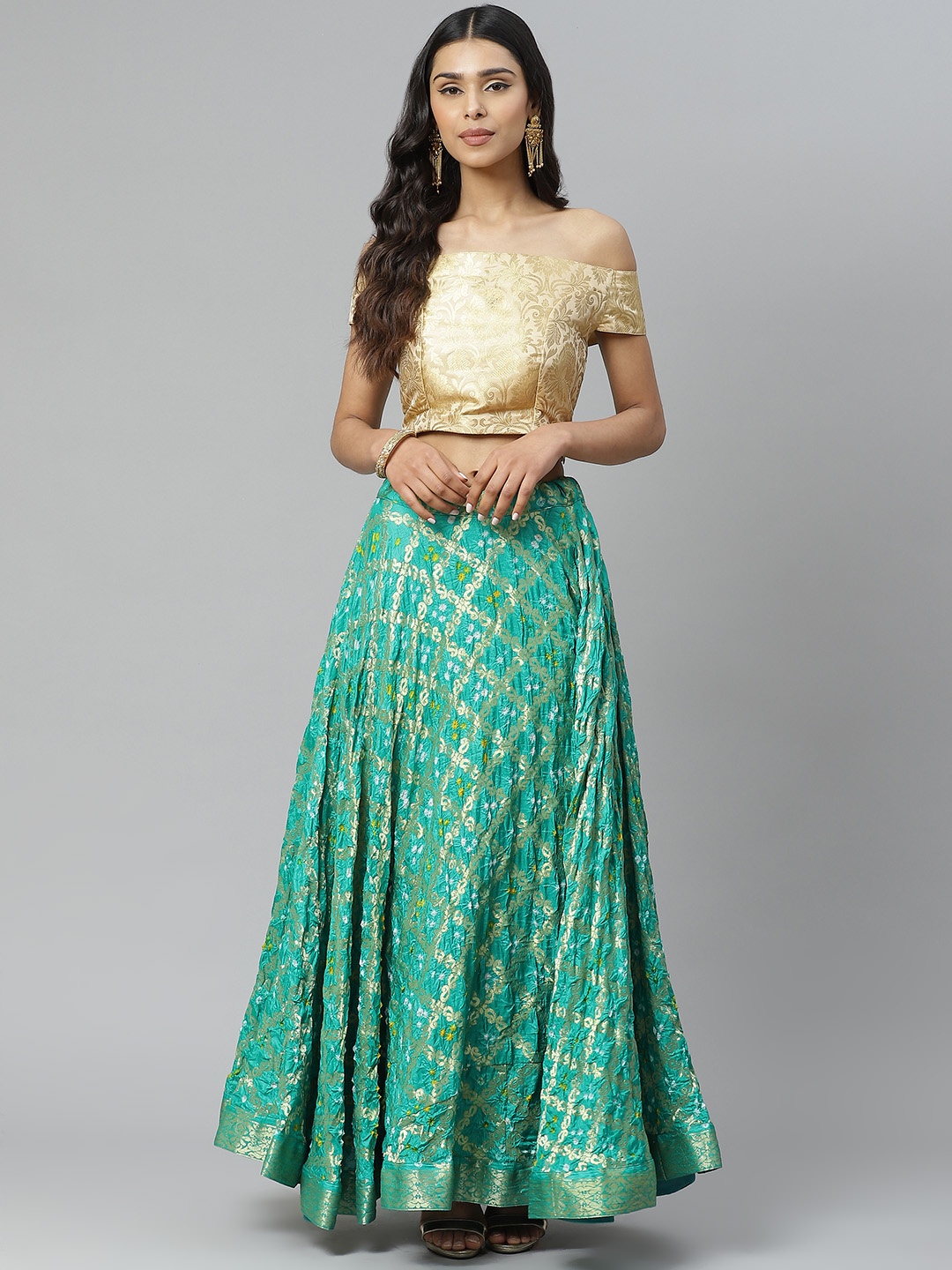

Rangpur Green & Golden Woven Design Ready to Wear Lehenga & Blouse with Dupatta