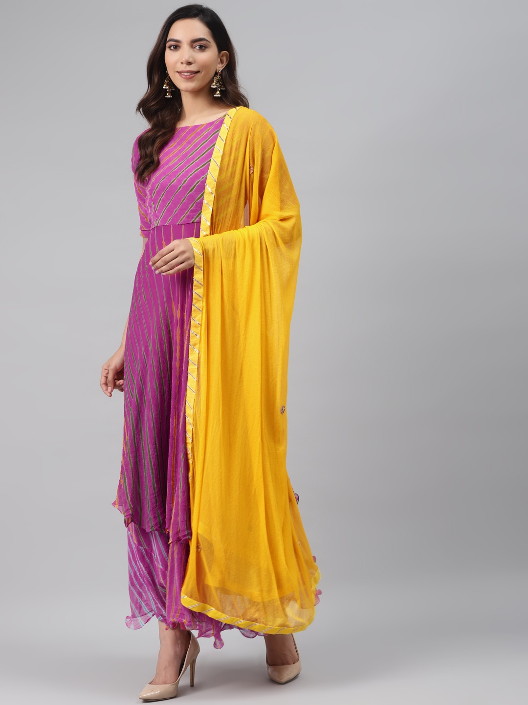

Rangpur Women Purple & Yellow Leheriya Print Maxi Anarkali Dress & Dupatta