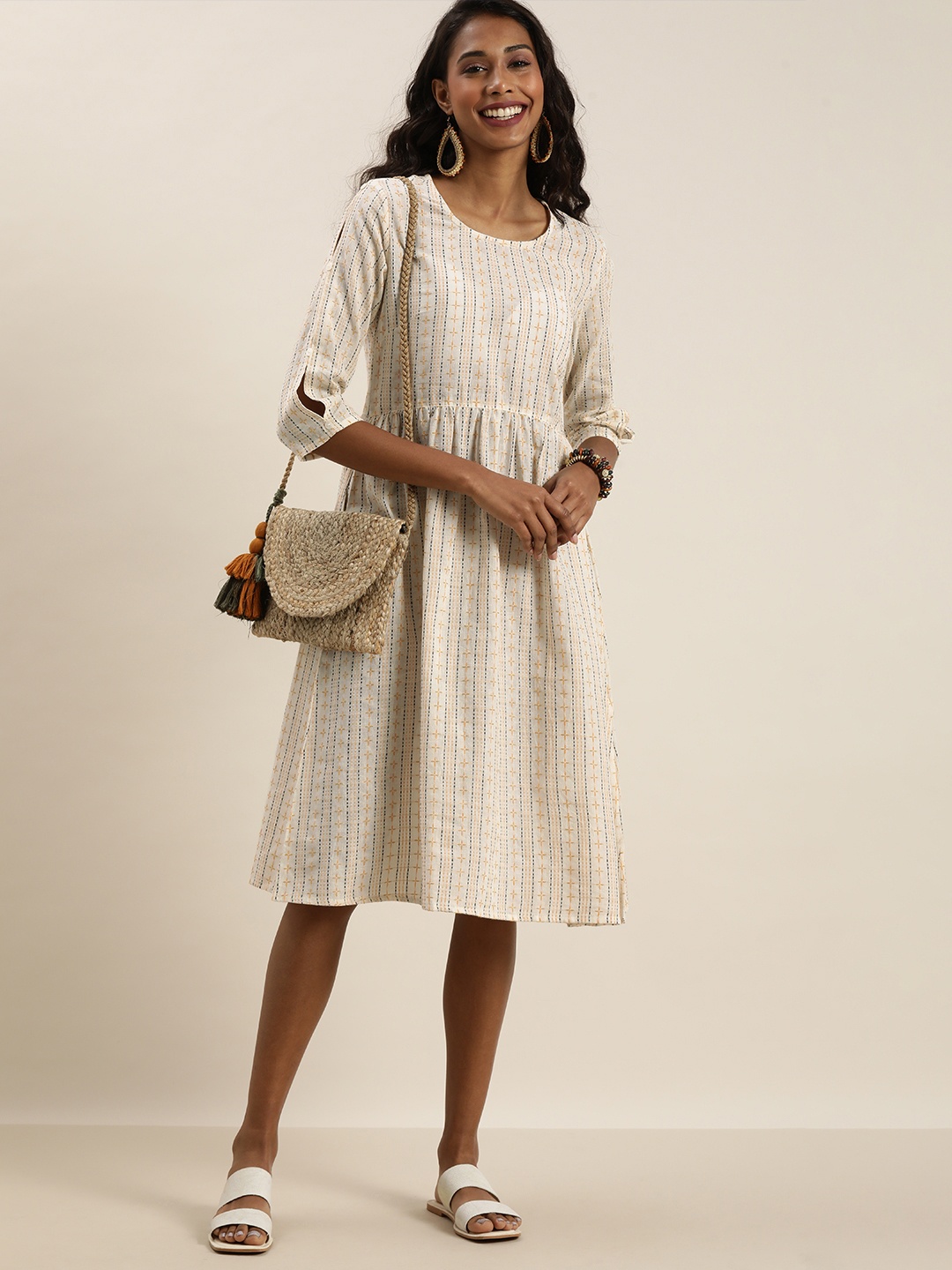 

Taavi Women Off White Woven Legacy Sustainable Pure Cotton A-Line Dress
