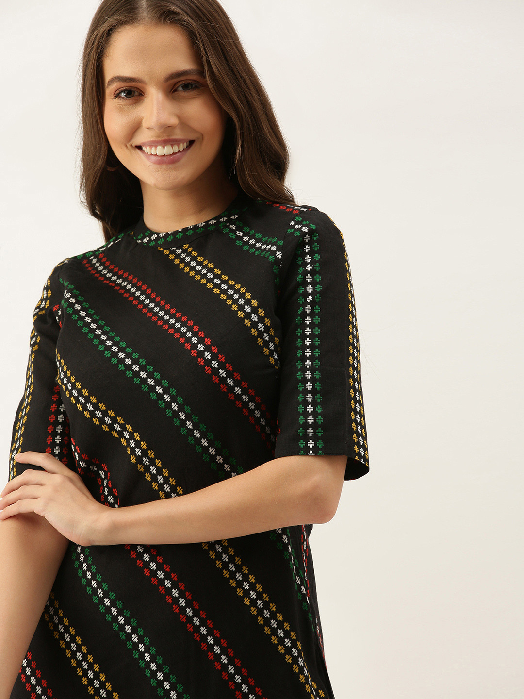 

Taavi Black & White Woven Legacy Striped A-Line Midi Dress with High-Low Hem