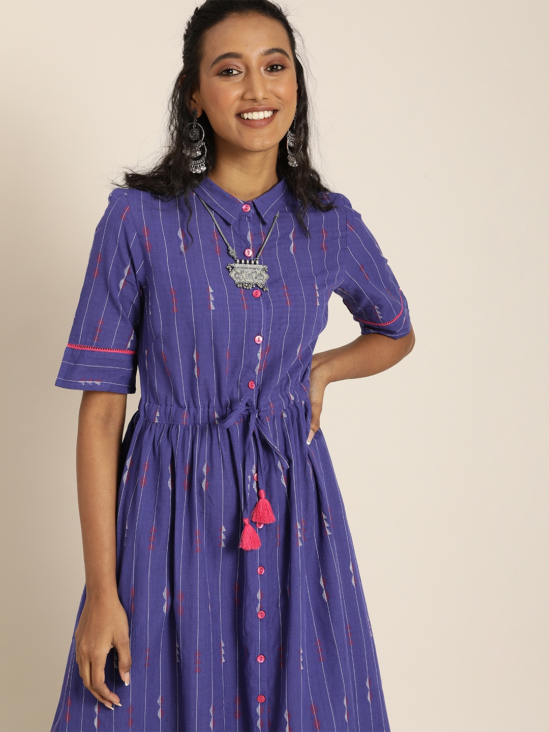 

Taavi Women Purple Striped Woven Legacy Fit and Flare Sustainable Dress with Tie-Ups