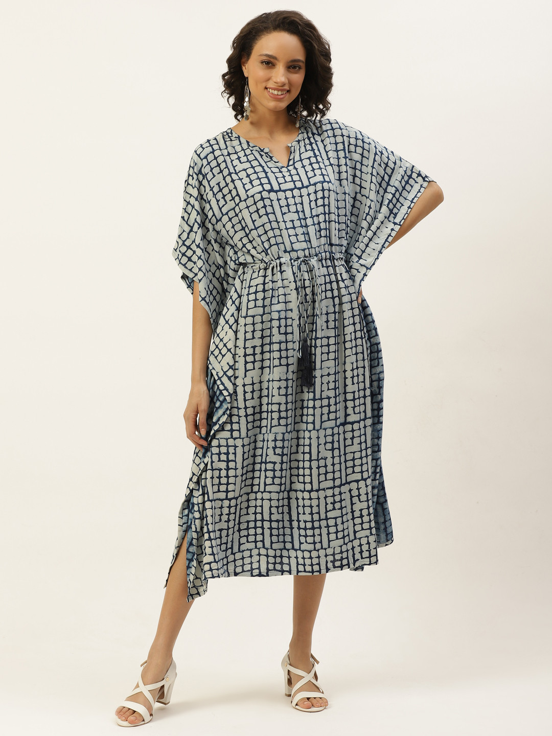

Taavi Women Navy Blue & White Indigo Hand Block Print Sustainable Kaftan Dress