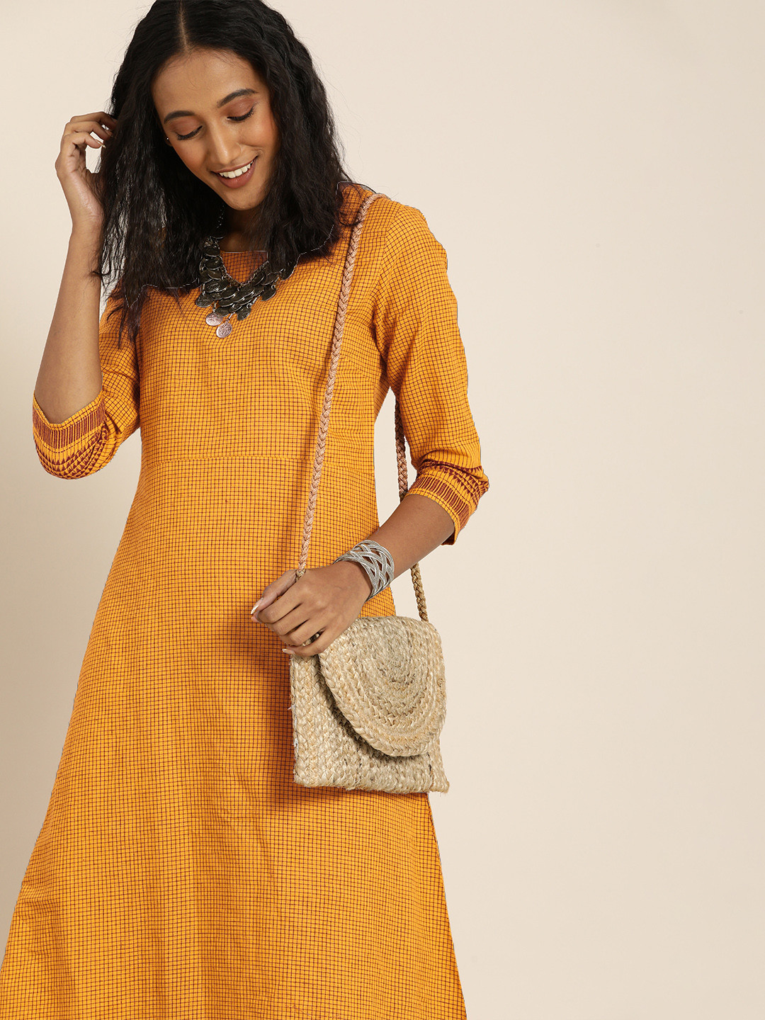 

Taavi Women Mustard and Maroon Checked Woven Legacy A-Line Sustainable Dress