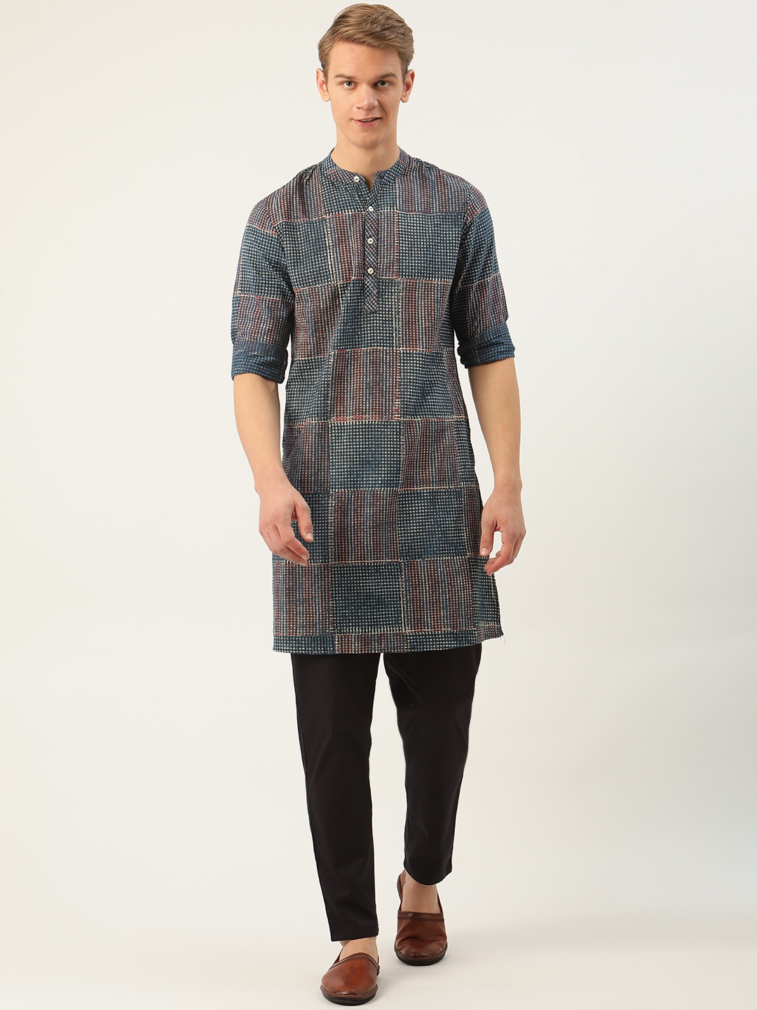 

Taavi Men Navy Blue & Black Indigo Hand Block Checked Kurta with Trousers