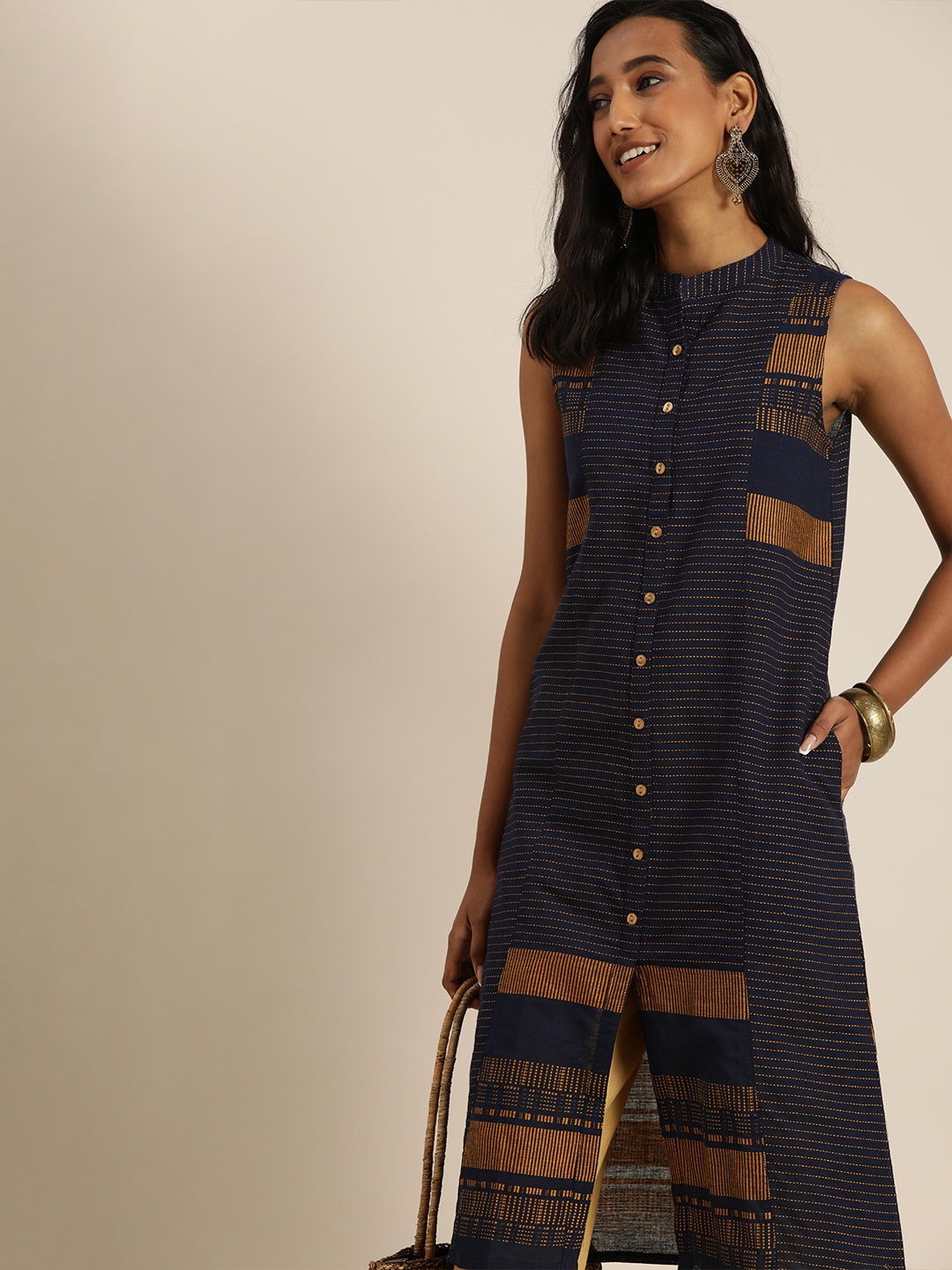 

Taavi Women Navy Blue & Mustard Yellow Woven Legacy Striped Kurta with Pockets