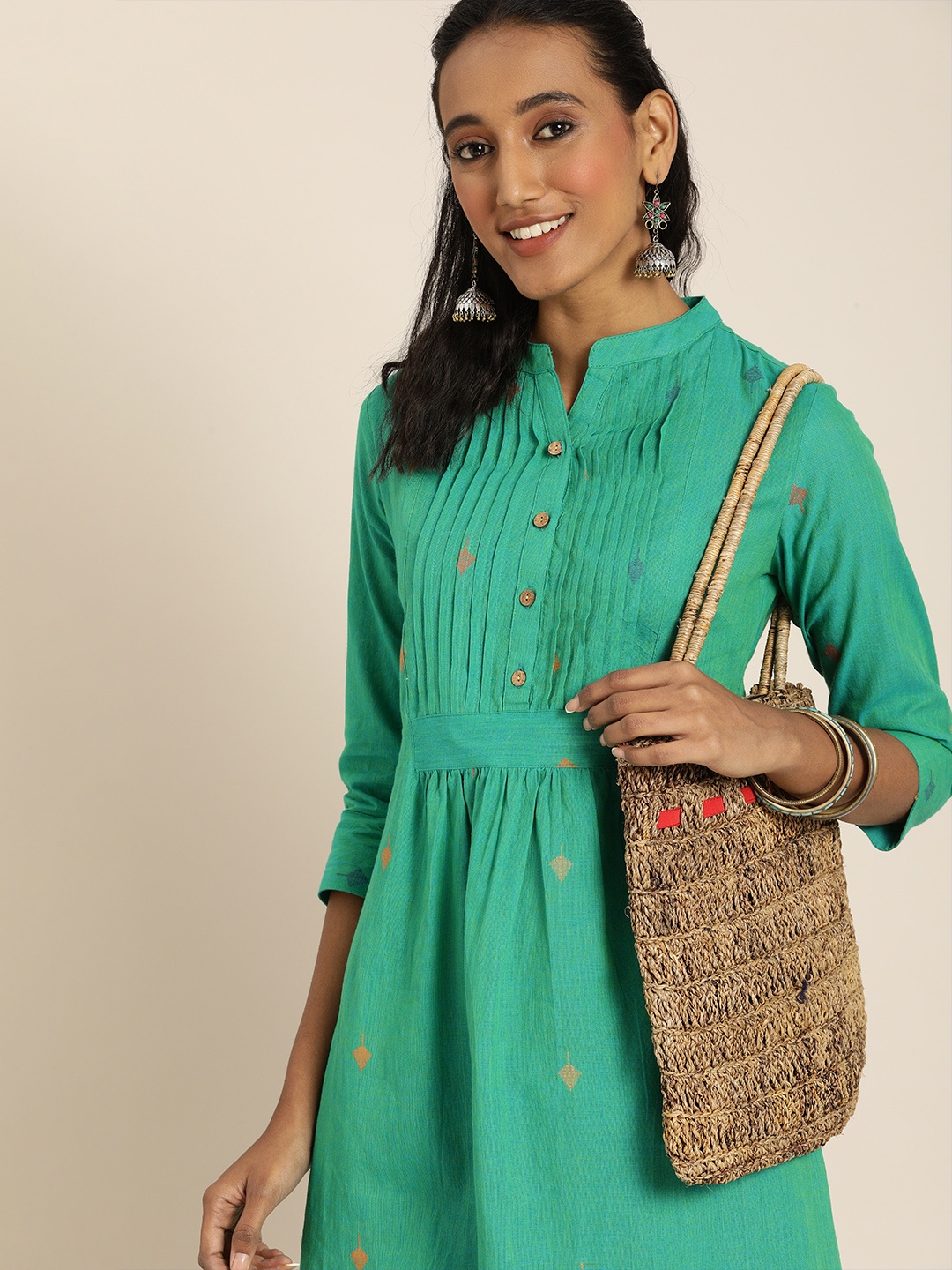 

Taavi Women Sea Green Woven Legacy A-Line Kurta with Tuck Pleates