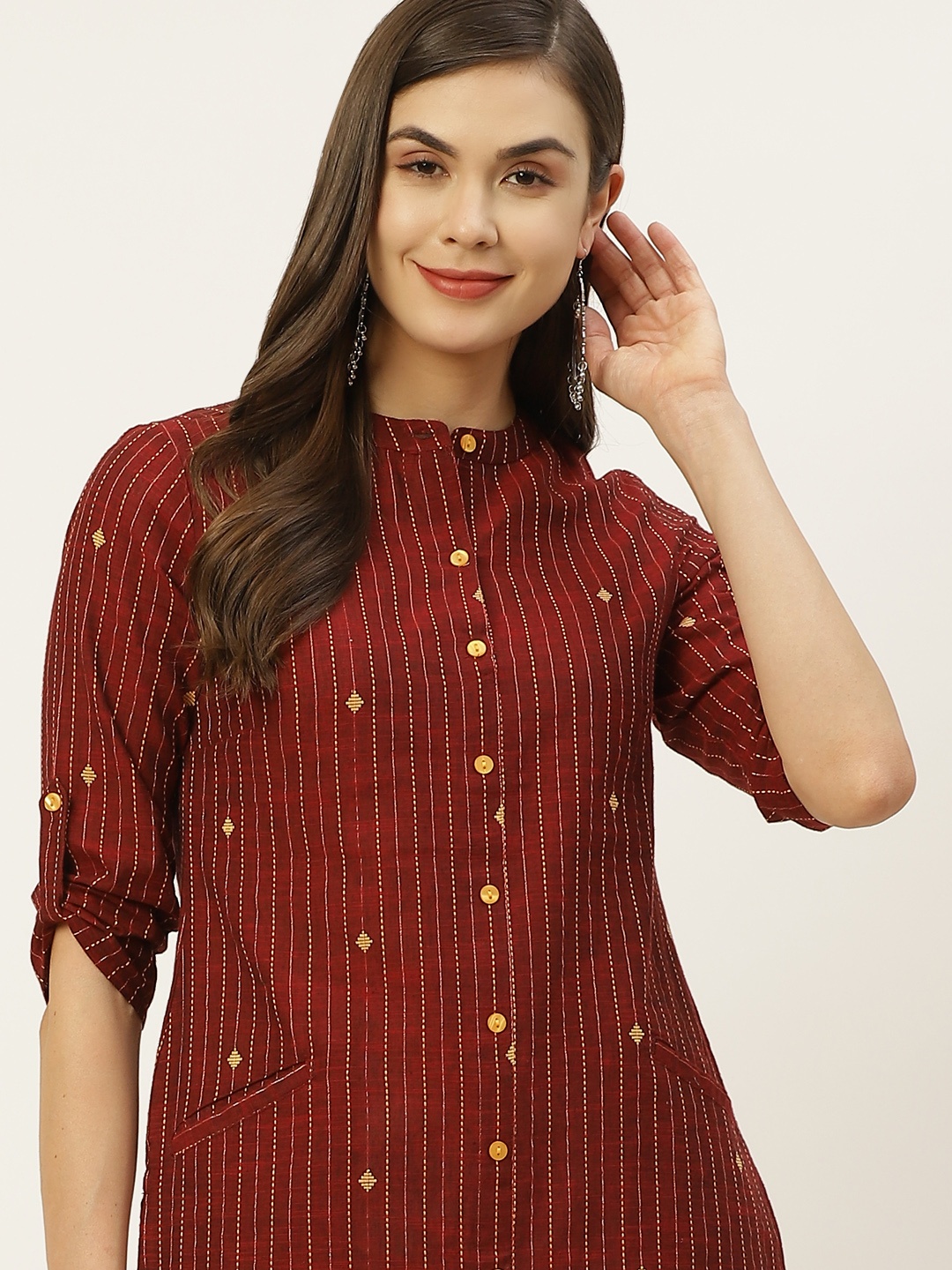 

Taavi Women Rust Red & Yellow Woven Legacy Striped Sustainable Straight Kurta