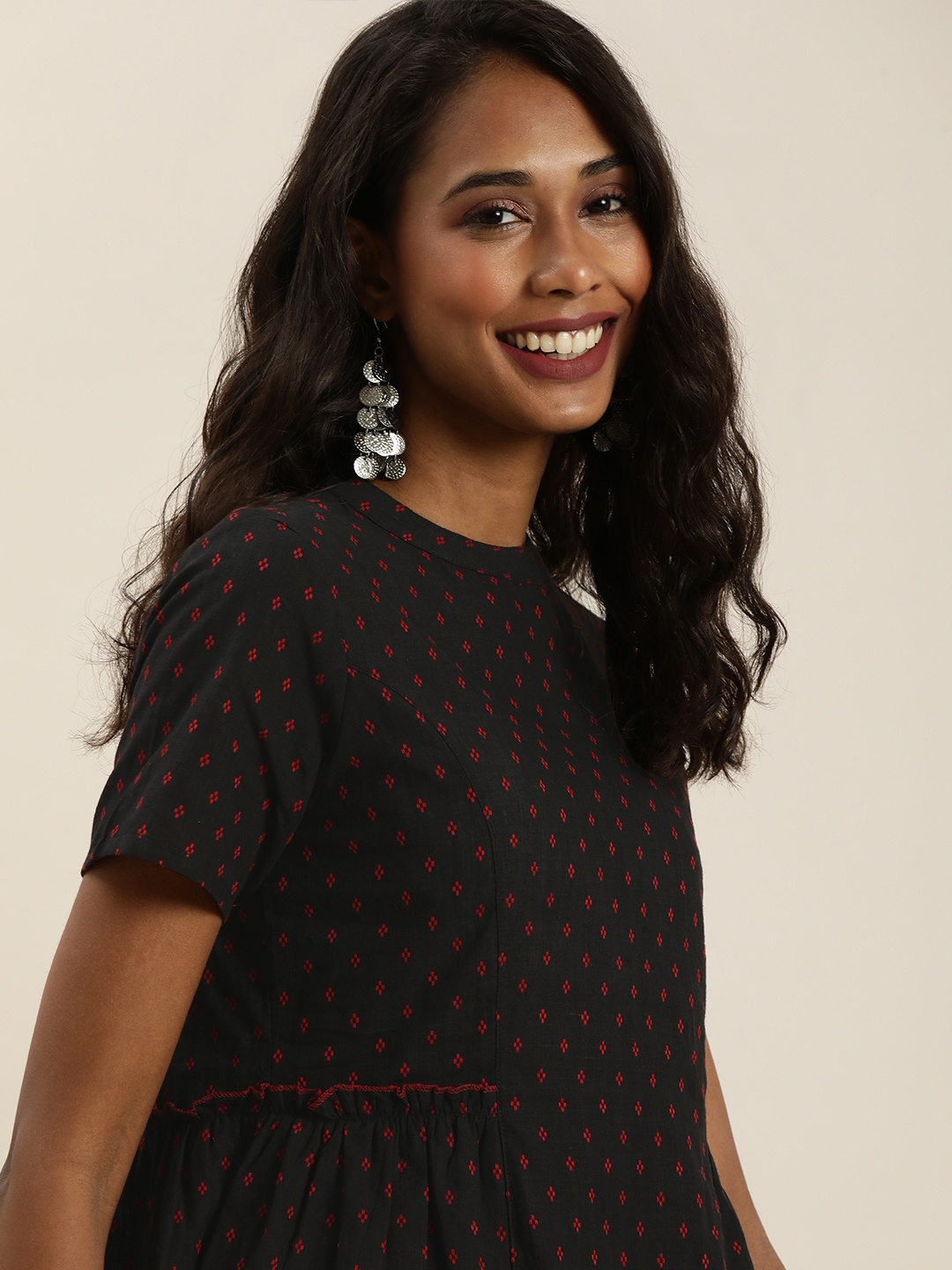 

Taavi Black & Red Woven Legacy Pure Cotton Sustainable Peplum Top with Gathers