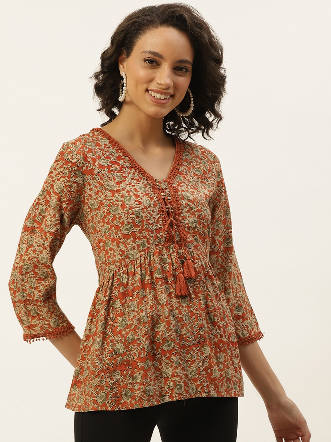 

Taavi Women Off-White & Rust Orange Sustainable Kalamkari Hand Block Print Kurti, Beige