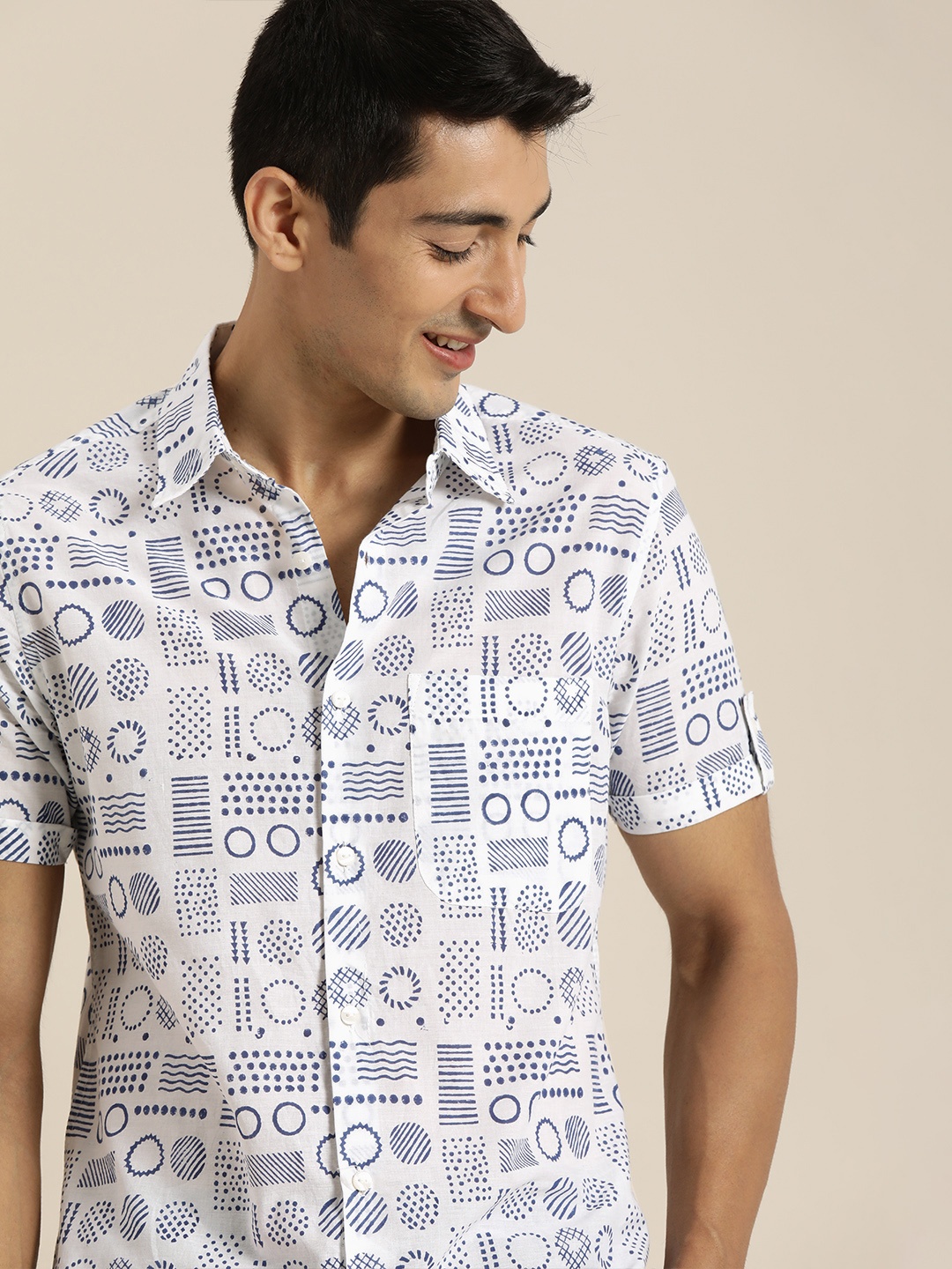 

Taavi Men White & Navy Blue Indigo Hand Block Printed Sustainable Shirt with Short Sleeves