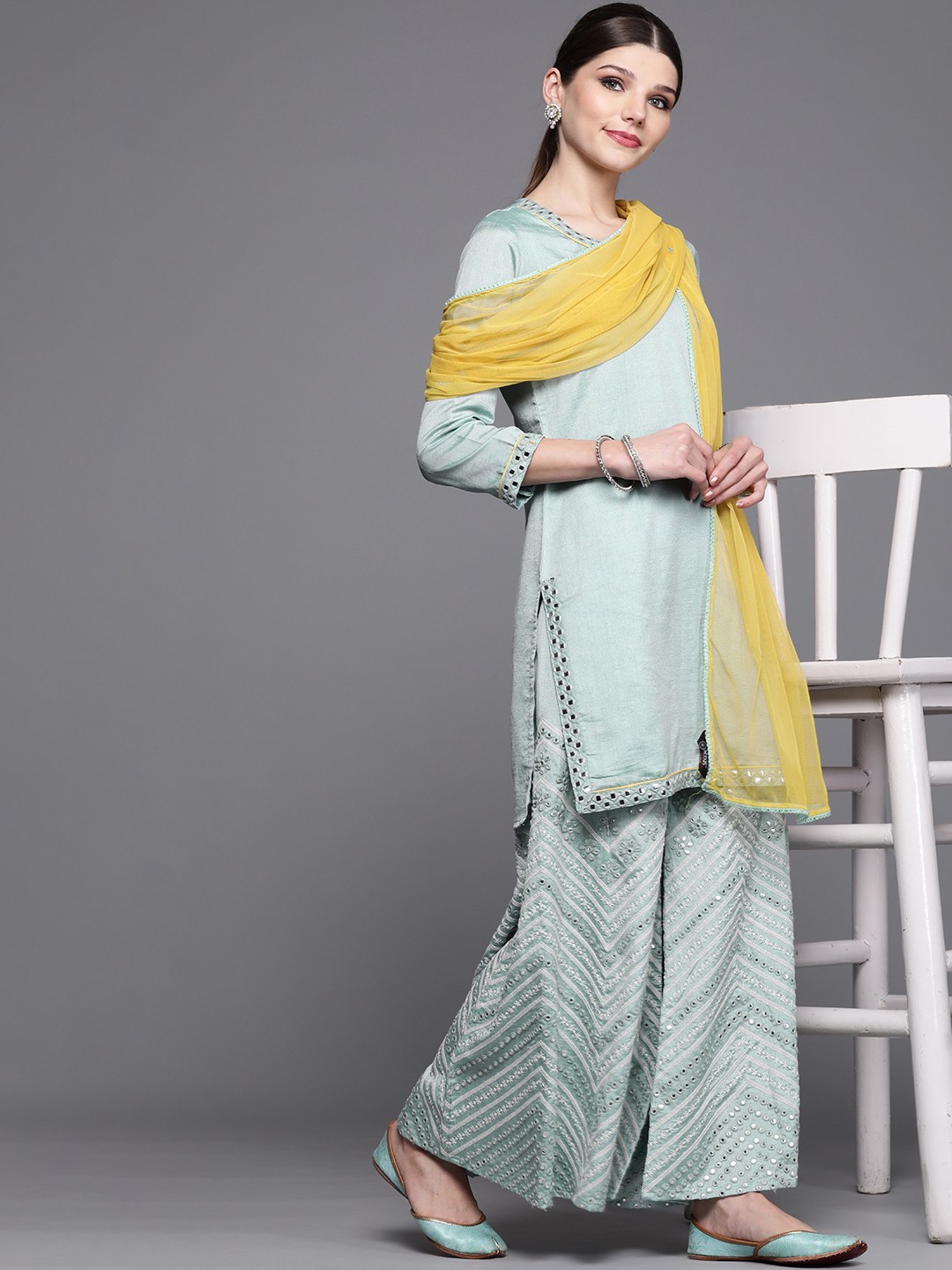 

Inddus Women Blue Solid Kurta with Palazzos & Dupatta