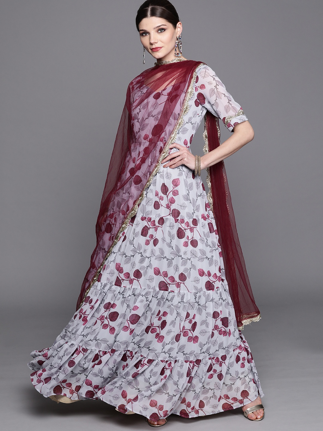 

Inddus Women Grey & Maroon Printed Anarkali Kurta with Dupatta