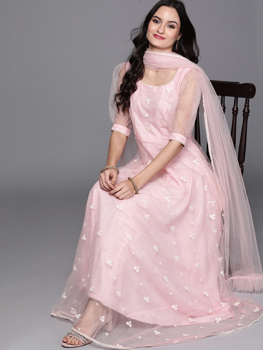

Inddus Women Pink Embroidered Net Anarkali Kurta With Ruffled Dupatta